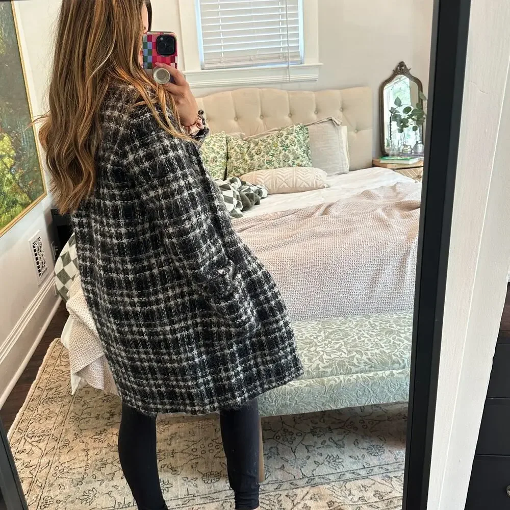 IRO Black Plaid Mohair Wool Blend Coat 36